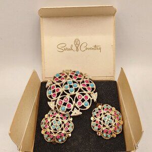Vintage Sarah Coventry Ceylon 6409 Brooch & Earrings Set With Original Box